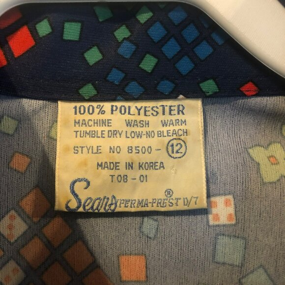 Sears Perma Press Vtg Womens Sz 12 Button Up Polyester Top Pointed Color Navy Di - Picture 3 of 9